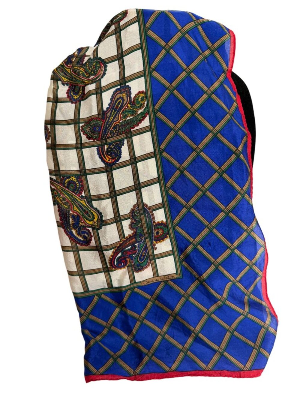 Vintage Oscar De La Renta Square Silk Scarf Blue Gold Green Red Paisley Design